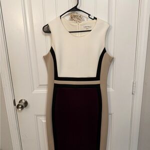 Calvin Klein Colorblock Midi Dress - Cream, Black, Tan, and Purple